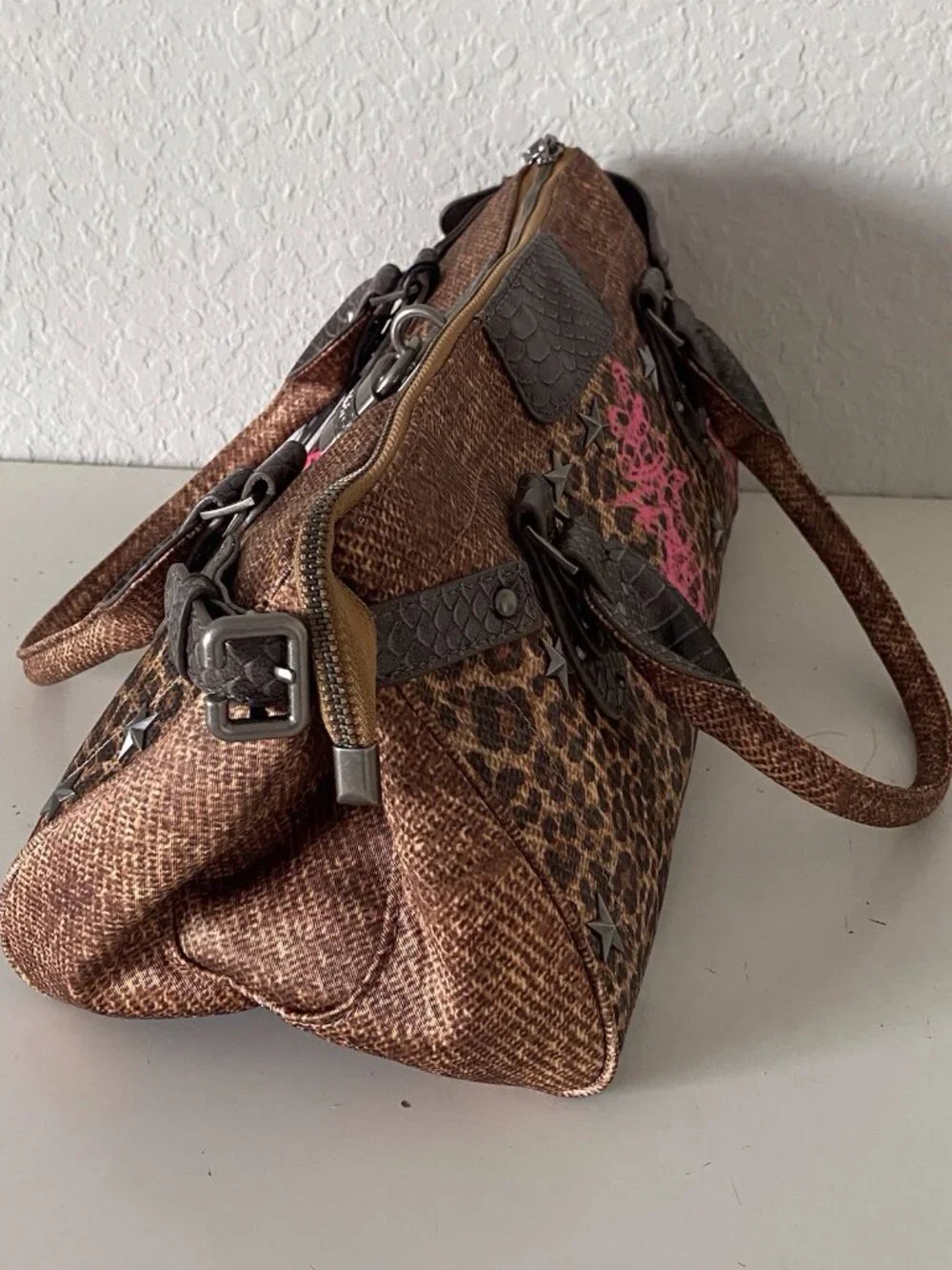 Von Dutch Leopard Print Bree Satchel Bag Animal Print Chic Orange W/Lock Charm